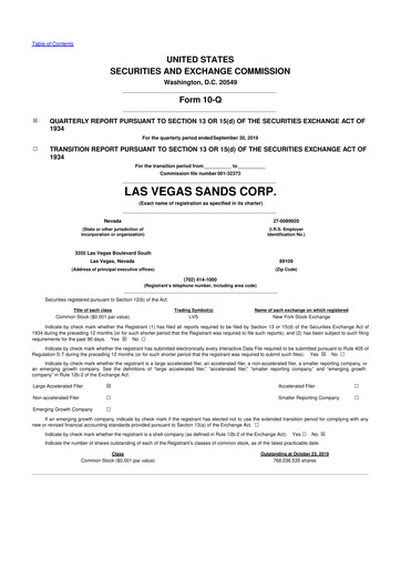 Thumbnail Las Vegas Sands 10-Q Quarterly Report FY2019 