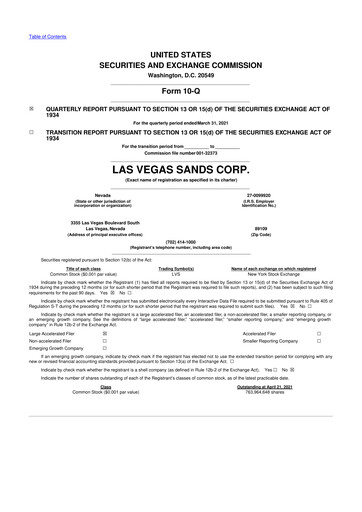 Thumbnail Las Vegas Sands 10-Q Quarterly Report FY2021 