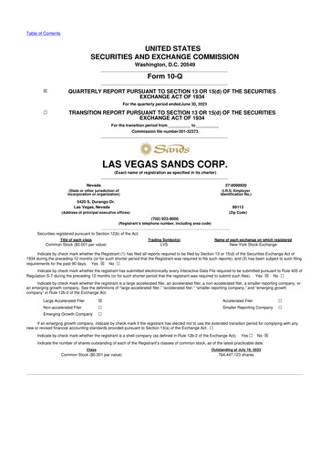 Thumbnail Las Vegas Sands 10-Q Quarterly Report FY2023 