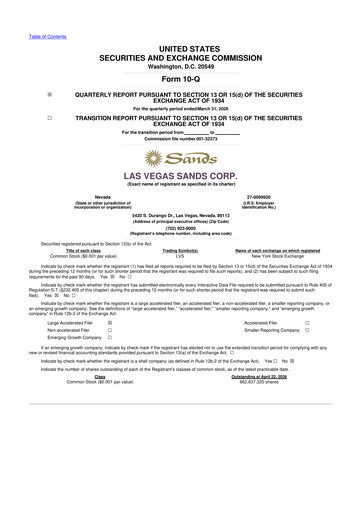 Miniature Las Vegas Sands 10-Q Rapport trimestriel  