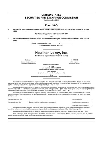 Thumbnail Houlihan Lokey
 10-Q Quarterly Report FY2018 