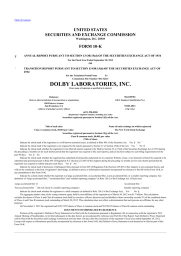 Miniature Dolby 10-K Rapport annuel 2012