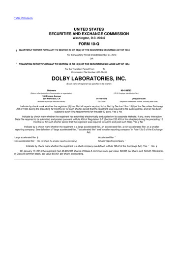 Thumbnail Dolby 10-Q Quarterly Report FY2014 