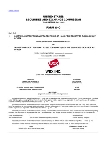 Thumbnail WEX 10-Q Quarterly Report FY2013 