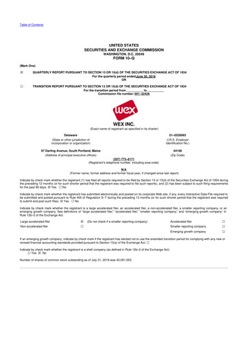 Thumbnail WEX 10-Q Quarterly Report FY2018 