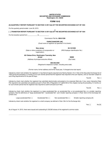 Thumbnail Parke Bancorp 10-Q Quarterly Report FY2015 