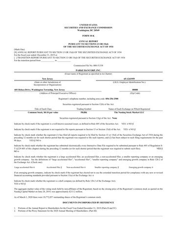 Thumbnail Parke Bancorp 10-K Annual Report 2019