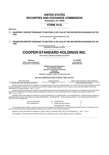 Thumbnail Cooper Standard 10-Q Quarterly Report FY2019 