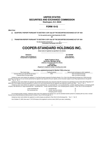 Thumbnail Cooper Standard 10-Q Quarterly Report FY2023 