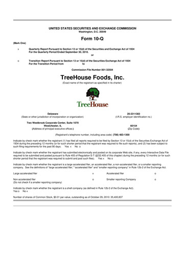 Vorschaubild TreeHouse Foods
 10-Q Quartalsbericht 2010 