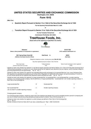 Vorschaubild TreeHouse Foods
 10-Q Quartalsbericht 2020 