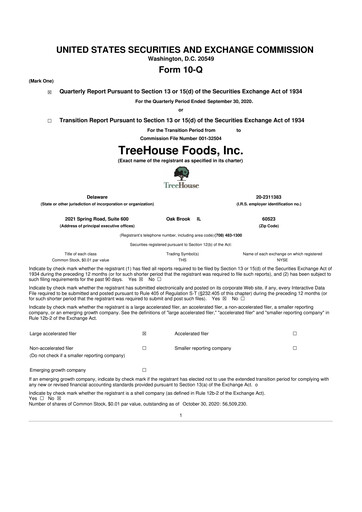 Vorschaubild TreeHouse Foods
 10-Q Quartalsbericht 2020 