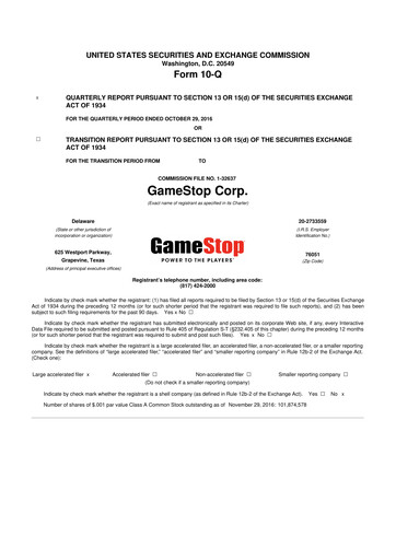 Miniature GameStop
 10-Q Rapport trimestriel 2016 