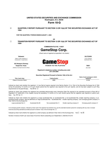 Miniature GameStop
 10-Q Rapport trimestriel 2020 