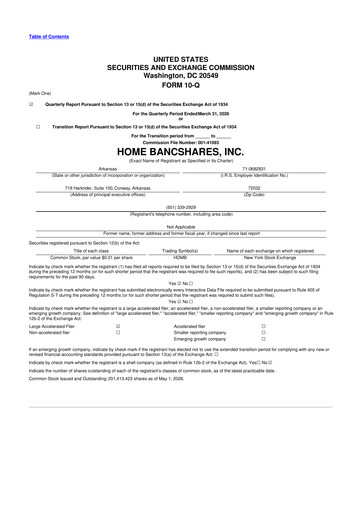 Miniature Home BancShares
 10-Q Rapport trimestriel  