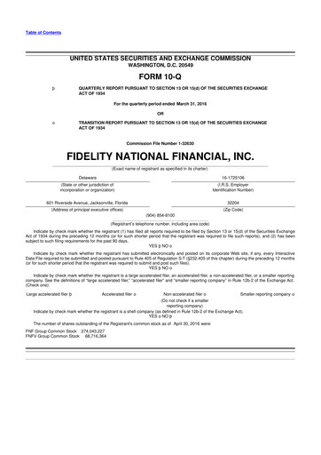 Thumbnail Fidelity National Financial
 10-Q Quarterly Report FY2016 