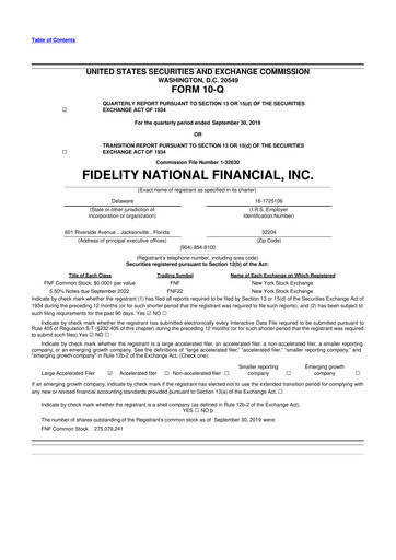 Thumbnail Fidelity National Financial
 10-Q Quarterly Report FY2019 