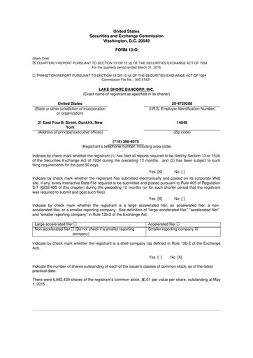 Thumbnail Lake Shore Bancorp 10-Q Quarterly Report FY2015 