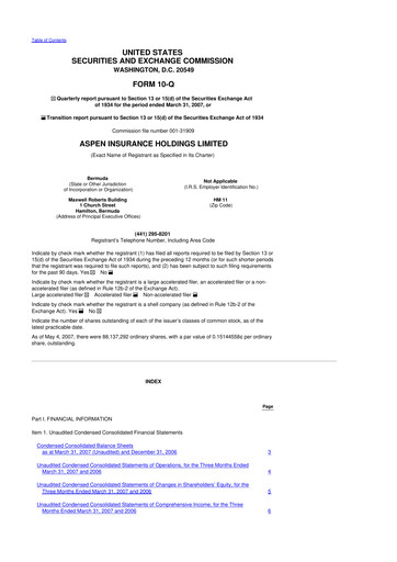 Thumbnail Aspen Insurance 10-Q Quarterly Report FY 