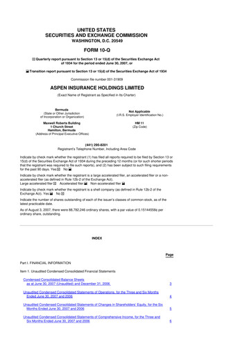 Thumbnail Aspen Insurance 10-Q Quarterly Report FY 