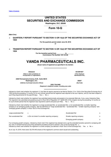 Miniature Vanda Pharmaceuticals 10-Q Rapport trimestriel 2018 