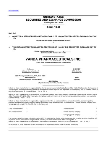 Miniature Vanda Pharmaceuticals 10-Q Rapport trimestriel 2018 