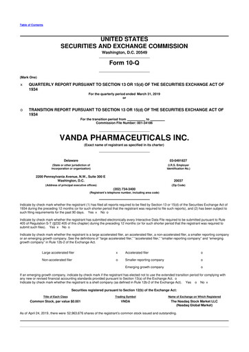 Miniature Vanda Pharmaceuticals 10-Q Rapport trimestriel 2019 