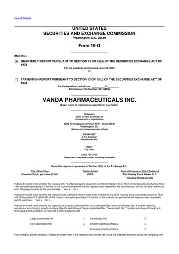 Miniature Vanda Pharmaceuticals 10-Q Rapport trimestriel 2019 