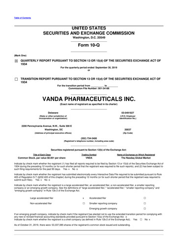 Miniature Vanda Pharmaceuticals 10-Q Rapport trimestriel 2019 