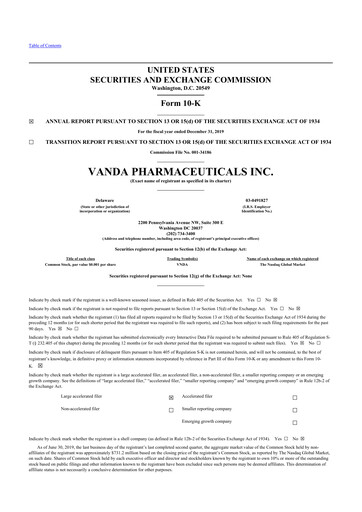 Thumbnail Vanda Pharmaceuticals 10-K Annual Report 2019