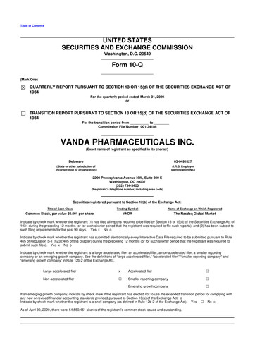 Miniature Vanda Pharmaceuticals 10-Q Rapport trimestriel 2020 