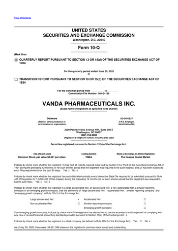Miniature Vanda Pharmaceuticals 10-Q Rapport trimestriel 2020 