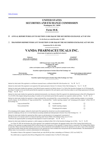 Thumbnail Vanda Pharmaceuticals 10-K Annual Report 2020