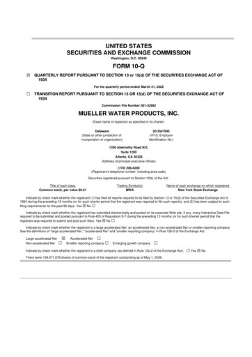 Thumbnail Mueller Water Products
 10-Q Quarterly Report FY 