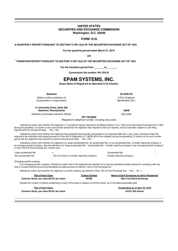 Miniature EPAM Systems
 10-Q Rapport trimestriel 2019 