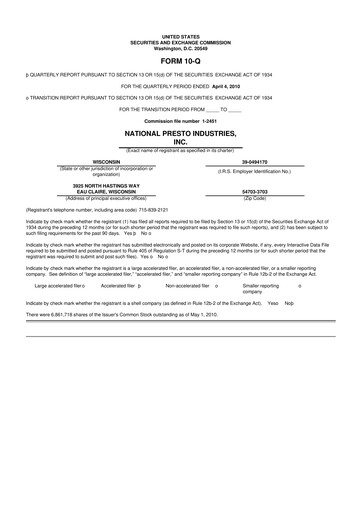 Thumbnail National Presto Industries
 10-Q Quarterly Report FY 