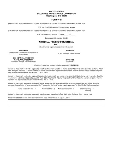 Thumbnail National Presto Industries
 10-Q Quarterly Report FY 