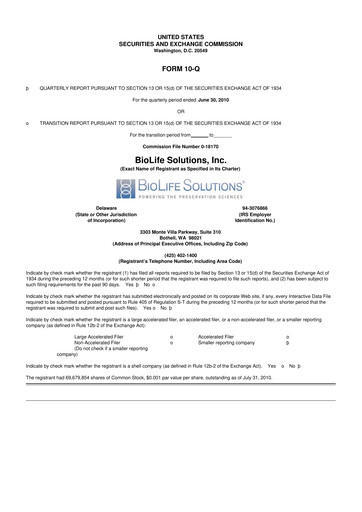 Thumbnail Biolife Solutions
 10-Q Quarterly Report FY 