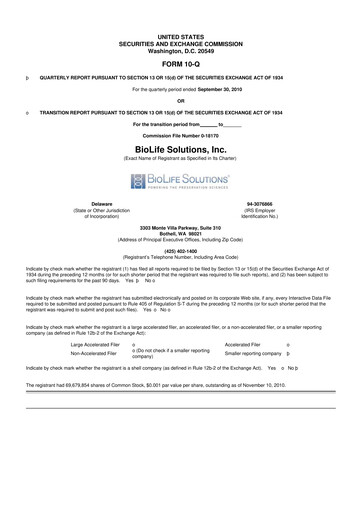 Thumbnail Biolife Solutions
 10-Q Quarterly Report FY 