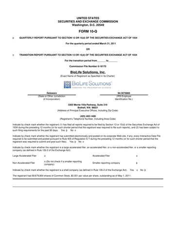 Thumbnail Biolife Solutions
 10-Q Quarterly Report FY 