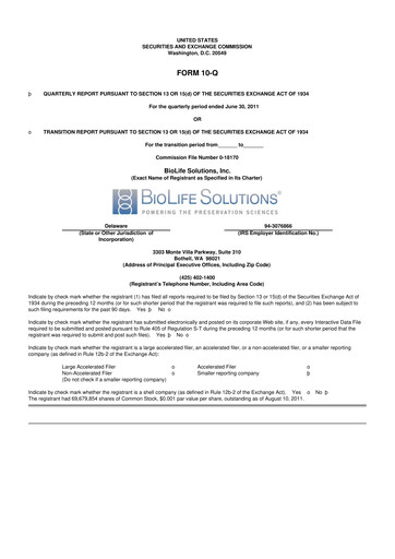 Thumbnail Biolife Solutions
 10-Q Quarterly Report FY2011 