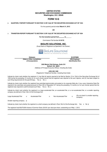 Thumbnail Biolife Solutions
 10-Q Quarterly Report FY2012 