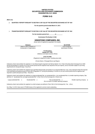 Thumbnail Kingstone Companies 10-Q Quarterly Report FY2012 