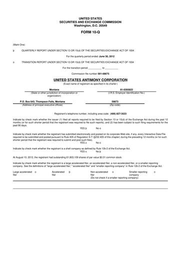 Thumbnail United States Antimony Corporation 10-Q Quarterly Report FY 