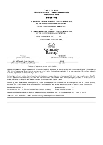 Thumbnail Community Bancorp 10-Q Quarterly Report FY2012 