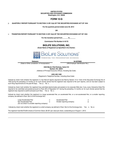 Thumbnail Biolife Solutions
 10-Q Quarterly Report FY2012 