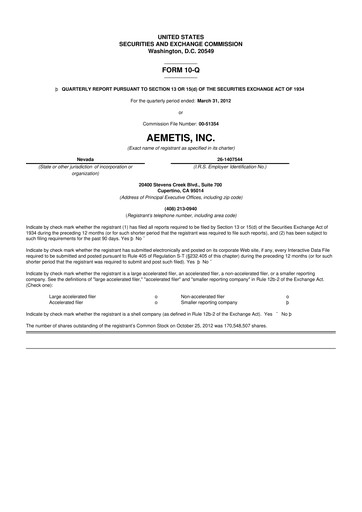 Thumbnail Aemetis 10-Q Quarterly Report FY2012 