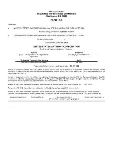Thumbnail United States Antimony Corporation 10-Q Quarterly Report FY2012 