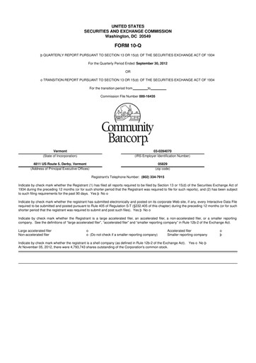 Thumbnail Community Bancorp 10-Q Quarterly Report FY2012 