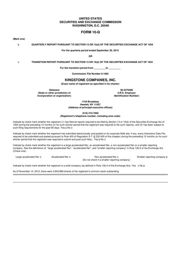 Thumbnail Kingstone Companies 10-Q Quarterly Report FY2012 